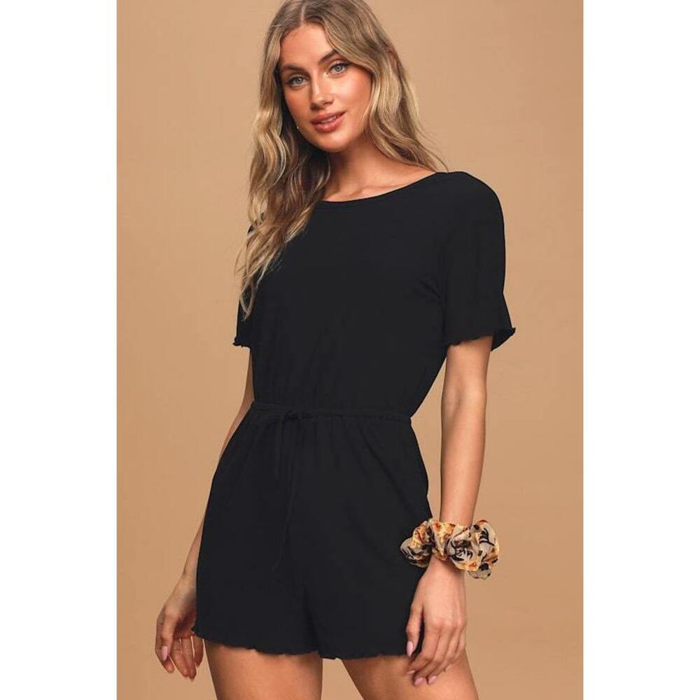Lulus Estelle Black Ribbed Lettuce Edge Romper - Size S